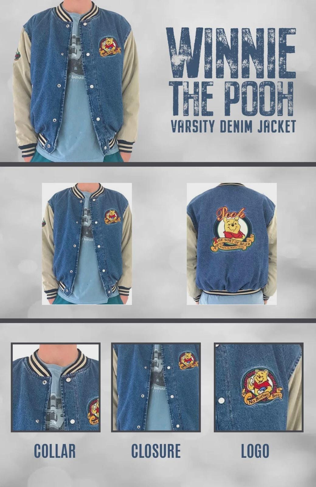 Pooh Bear Denim Varsity Jacket – Unisex 90s Vintage Style Jean Bomber, Embroidered Patches, Streetwear