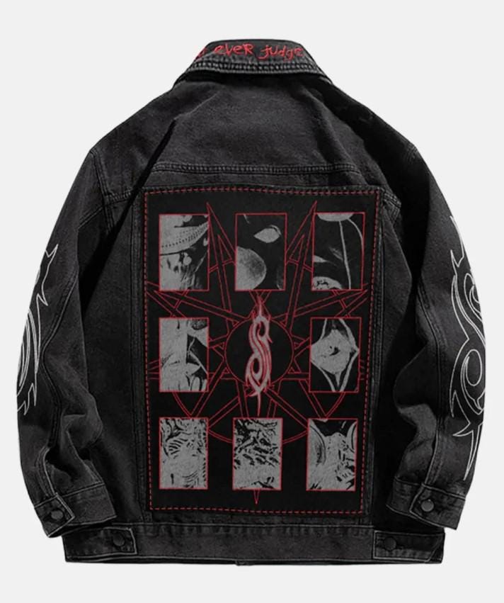 Slipknot Denim Jacket – Unisex Black Denim with Embroidered Patches & Tribal Sleeve Print, Streetwear
