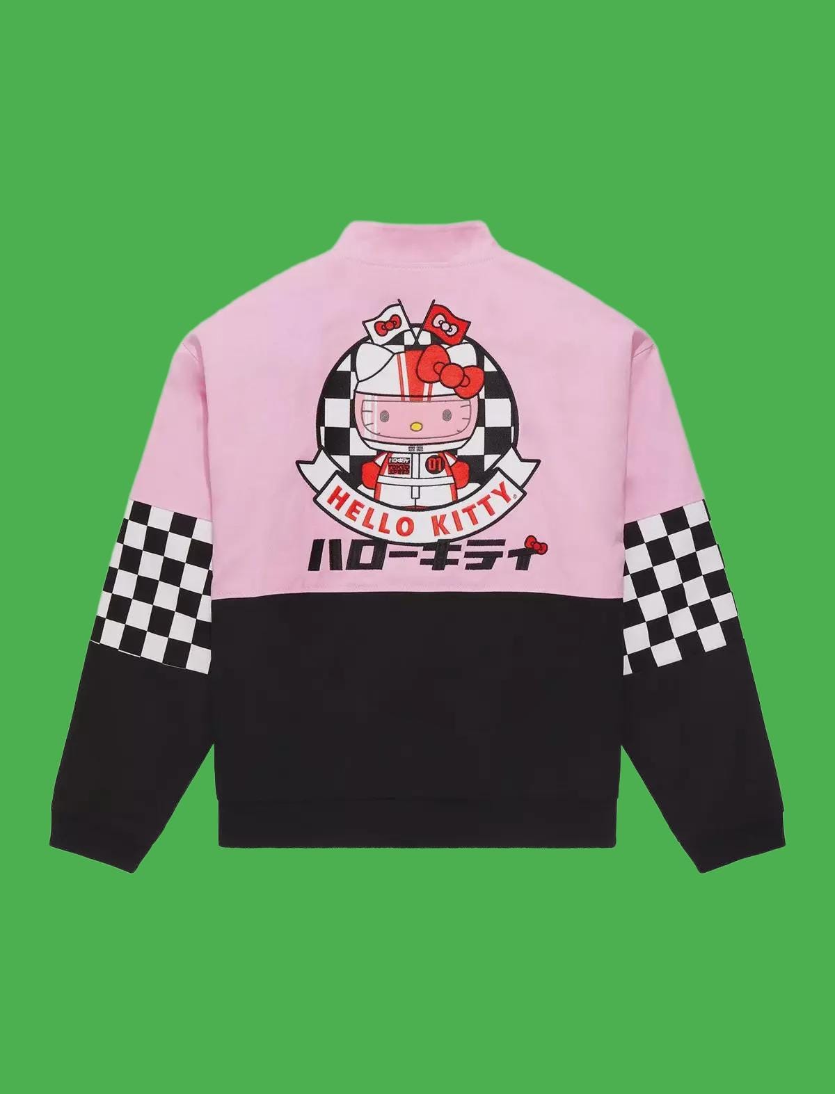 Hello Kitty Racing Jacket – Unisex Pink Checkered Bomber, Sublimation Print, Anime Streetwear, Polyester Cotton
