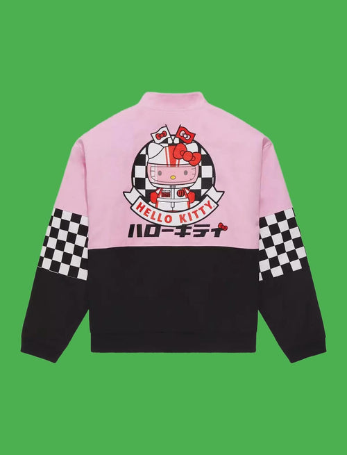 Hello Kitty Racing Jacket – Unisex Pink Checkered Bomber, Sublimation Print, Anime Streetwear, Polyester Cotton