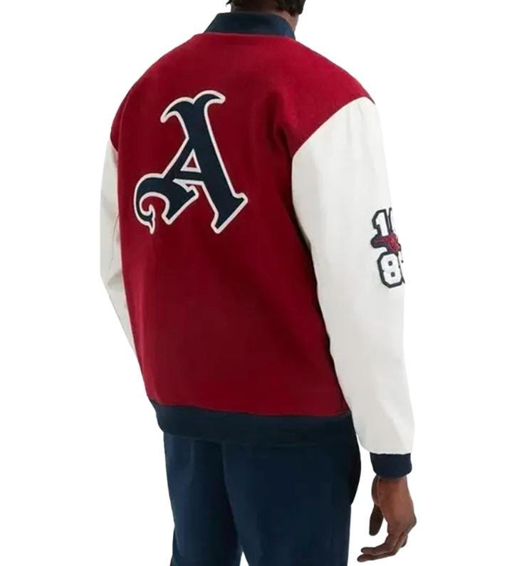 Wool Arsenal Varsity Jacket - Red and White Leather Sleeves and Embroidered Patches