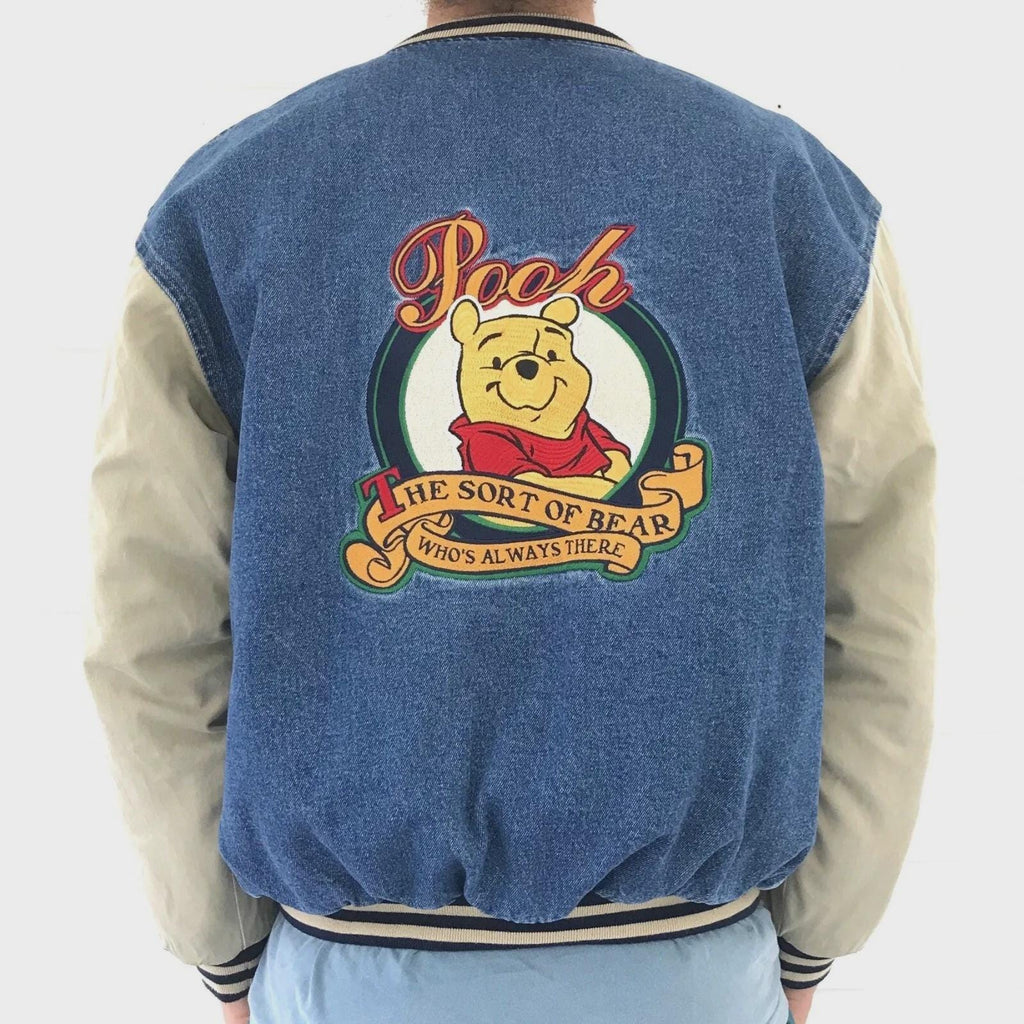 Pooh Bear Denim Varsity Jacket – Unisex 90s Vintage Style Jean Bomber, Embroidered Patches, Streetwear