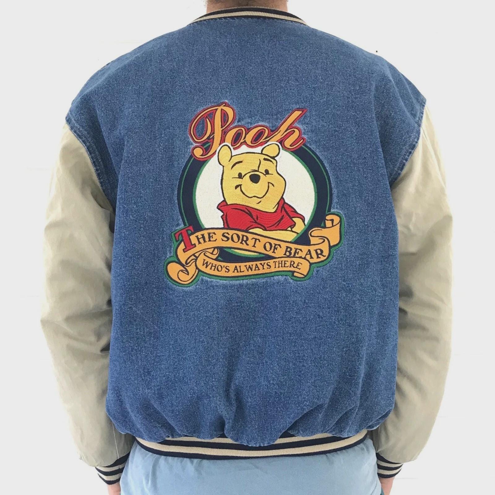 Pooh Bear Denim Varsity Jacket – Unisex 90s Vintage Style Jean Bomber, Embroidered Patches, Streetwear