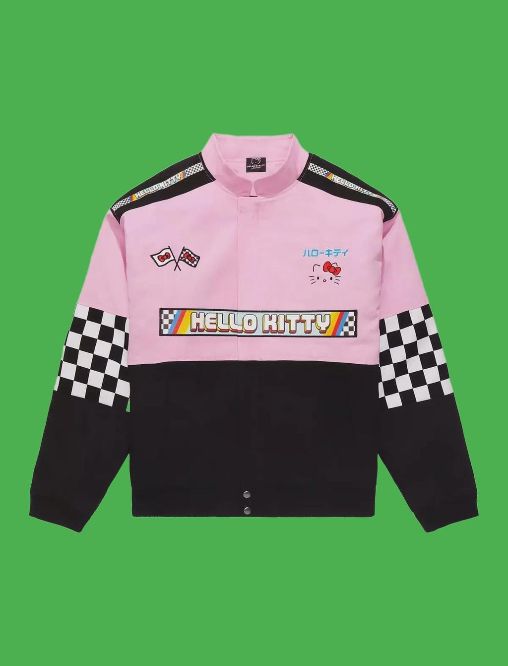 Hello Kitty Racing Jacket – Unisex Pink Checkered Bomber, Sublimation Print, Anime Streetwear, Polyester Cotton