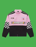 Hello Kitty Racing Jacket – Unisex Pink Checkered Bomber, Sublimation Print, Anime Streetwear, Polyester Cotton
