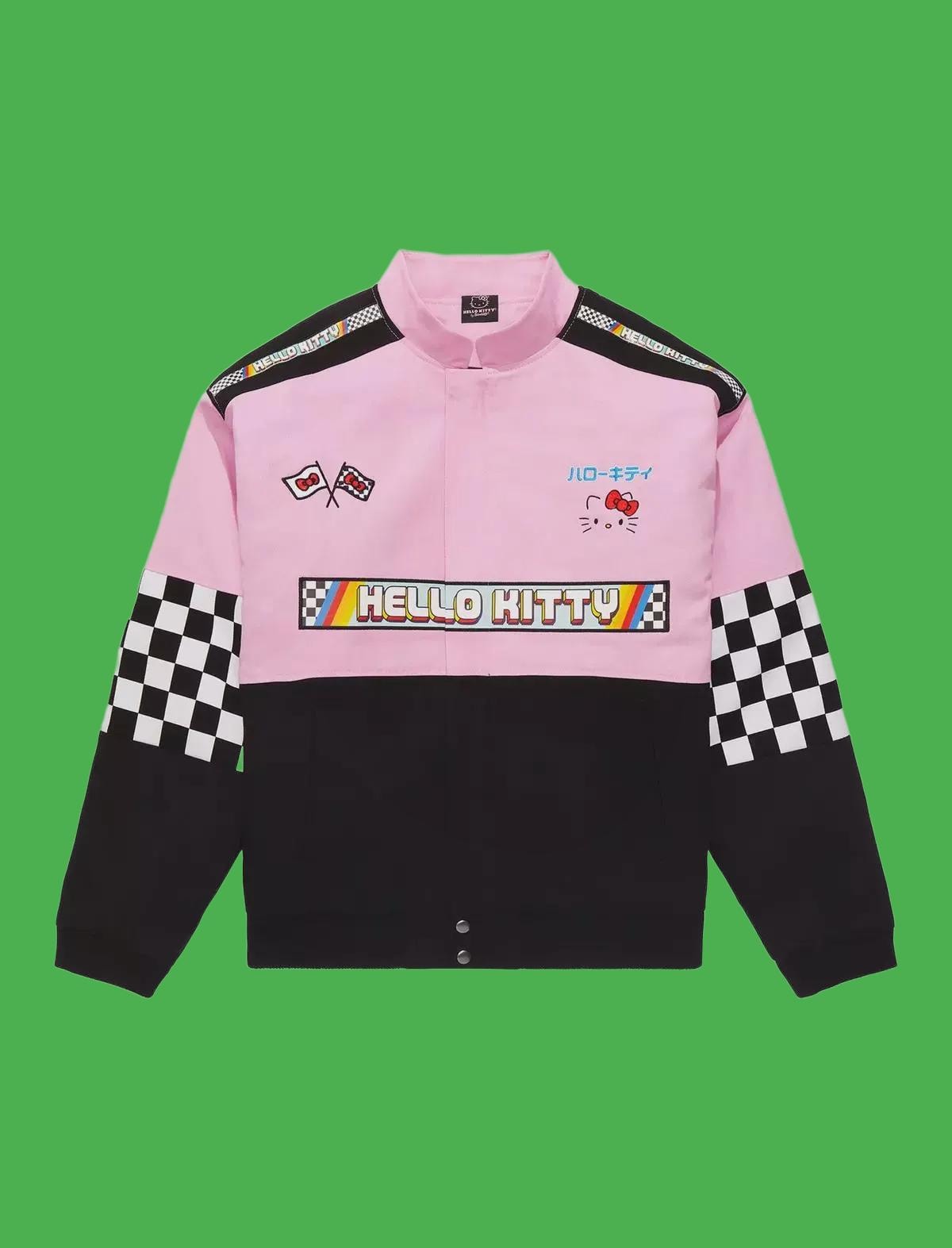 Hello Kitty Racing Jacket – Unisex Pink Checkered Bomber, Sublimation Print, Anime Streetwear, Polyester Cotton