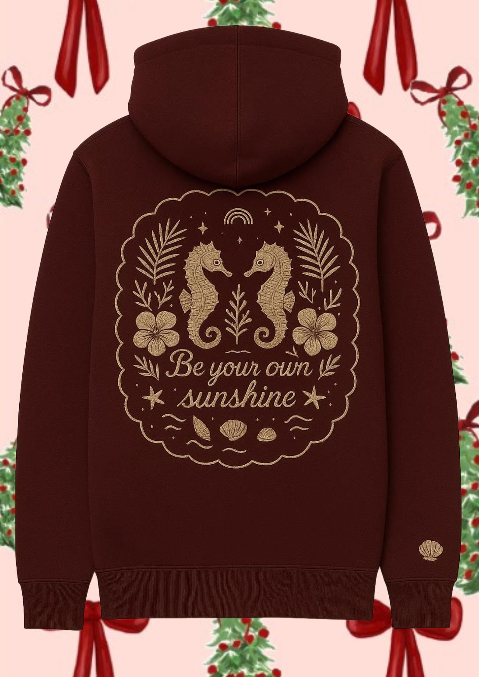 Burgundy Urban Streetwear Seahorse Beach Embroidery Pullover Hoodie - Be Your Own Sunshine - cheery