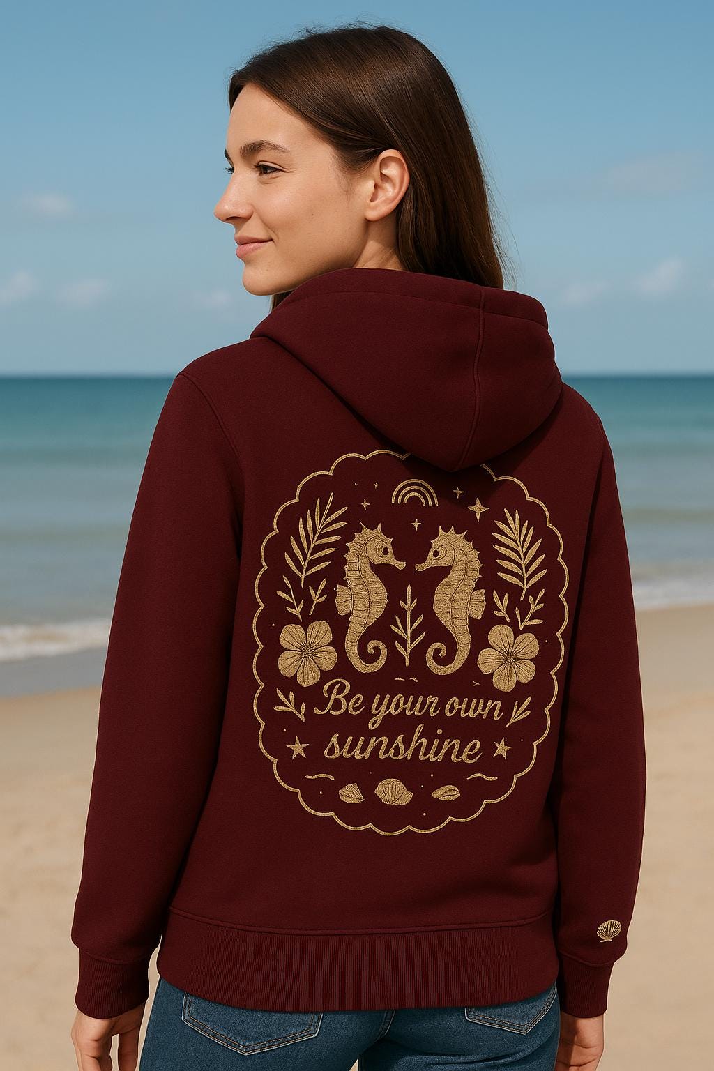 Burgundy Urban Streetwear Seahorse Beach Embroidery Pullover Hoodie - Be Your Own Sunshine - cheery