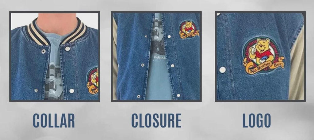 Pooh Bear Denim Varsity Jacket – Unisex 90s Vintage Style Jean Bomber, Embroidered Patches, Streetwear