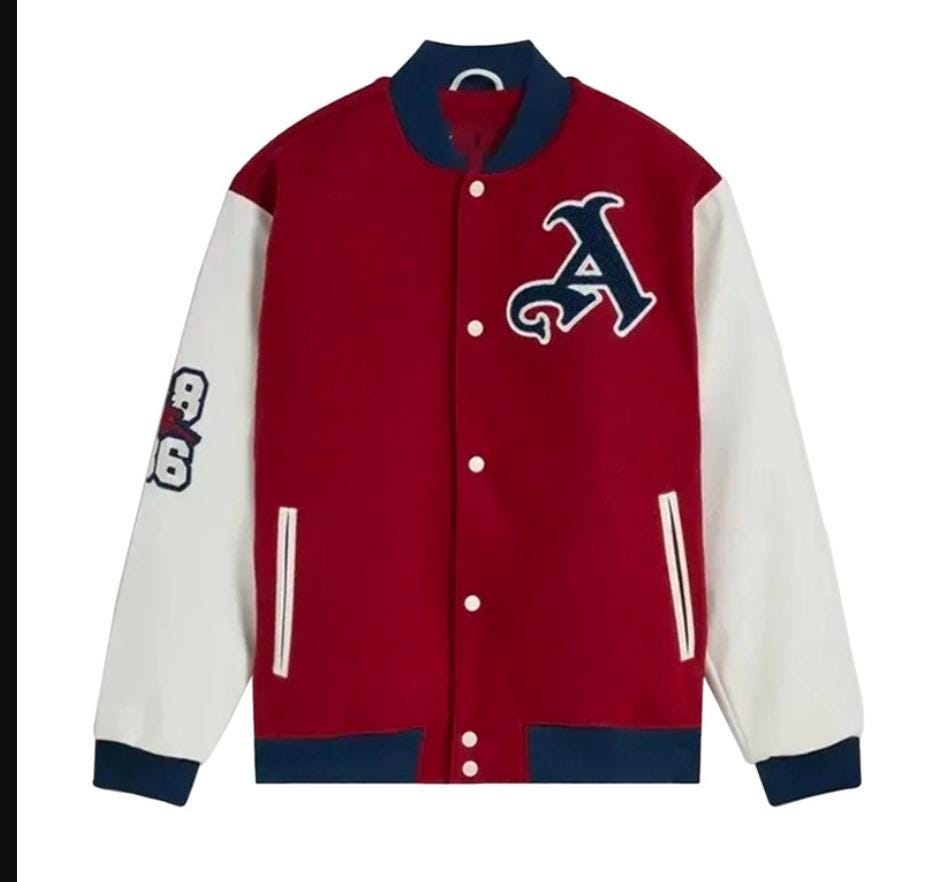 Wool Arsenal Varsity Jacket - Red and White Leather Sleeves and Embroidered Patches
