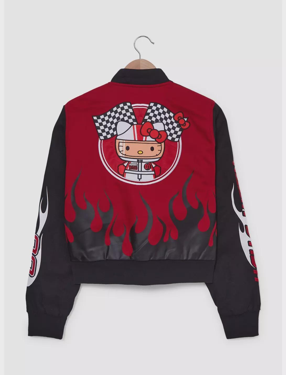 Hello Kitty Flames Racing Jacket Unisex Cropped Bomber, Sublimation Print, Anime Streetwear