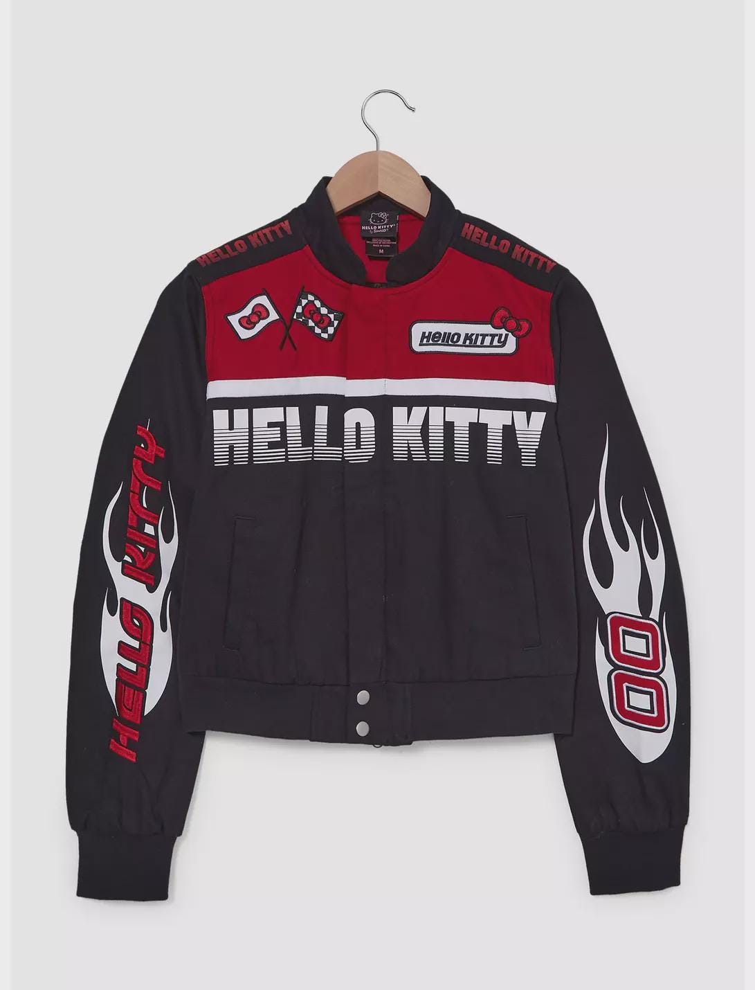 Hello Kitty Flames Racing Jacket Unisex Cropped Bomber, Sublimation Print, Anime Streetwear