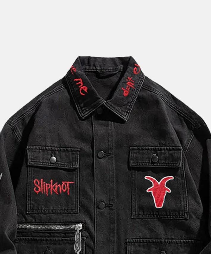 Slipknot Denim Jacket – Unisex Black Denim with Embroidered Patches & Tribal Sleeve Print, Streetwear