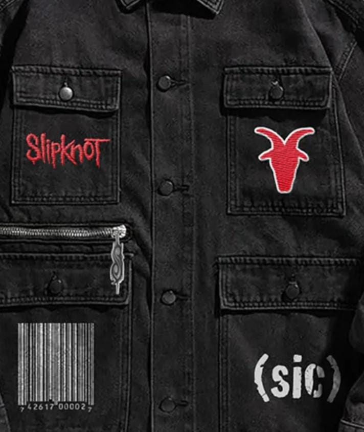 Slipknot Denim Jacket – Unisex Black Denim with Embroidered Patches & Tribal Sleeve Print, Streetwear