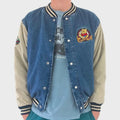 Pooh Bear Denim Varsity Jacket – Unisex 90s Vintage Style Jean Bomber, Embroidered Patches, Streetwear