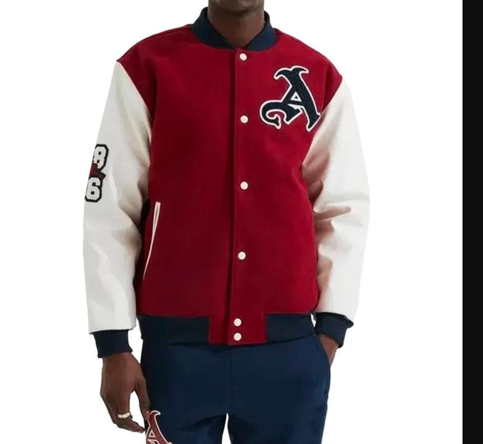 Wool Arsenal Varsity Jacket - Red and White Leather Sleeves and Embroidered Patches