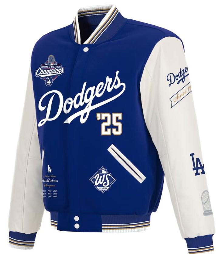 Dodgers ’25 Varsity Jacket – Blue & White MLB Fan Jacket, Retro Sports Streetwear
