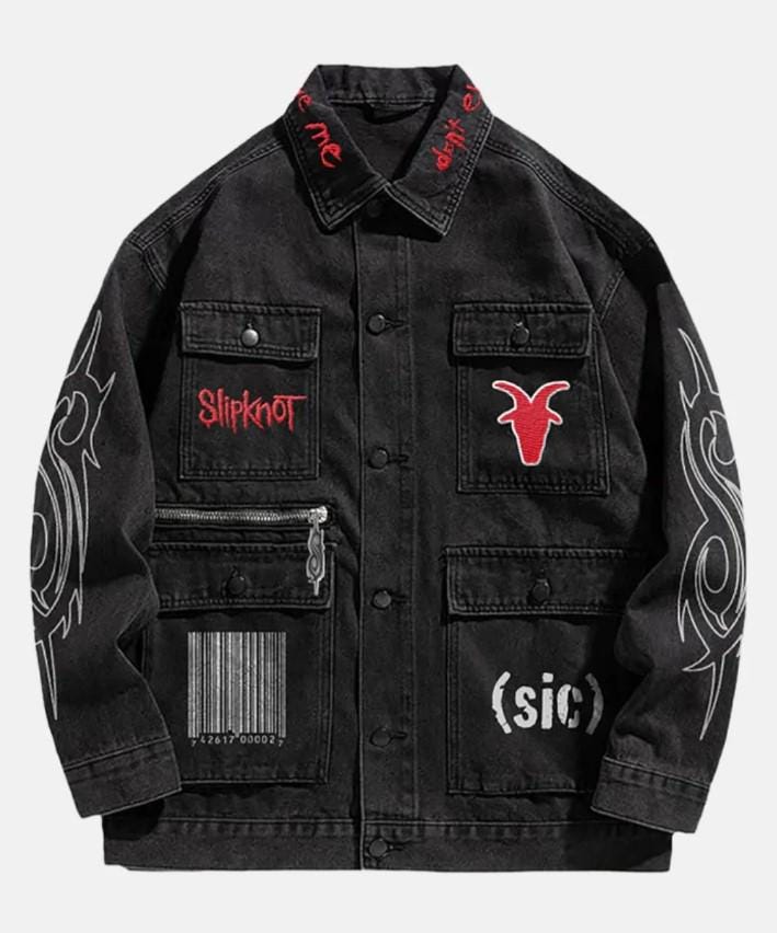 Slipknot Denim Jacket – Unisex Black Denim with Embroidered Patches & Tribal Sleeve Print, Streetwear