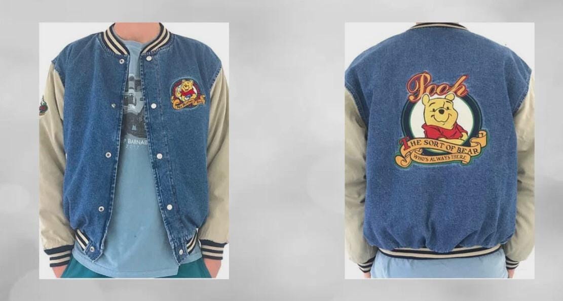 Pooh Bear Denim Varsity Jacket – Unisex 90s Vintage Style Jean Bomber, Embroidered Patches, Streetwear